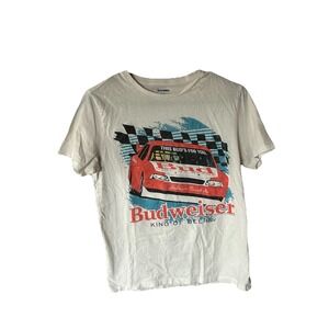 Budweiser Shirt Mens S White Racing Car King of Beers Anheuser Busch Tee